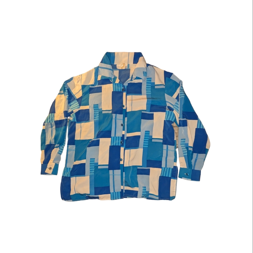 Susan Graver Blue Geometric Button Up Size Large